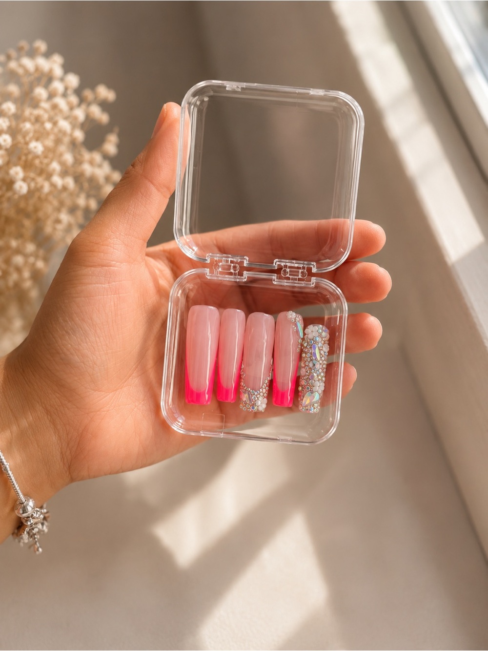 Hot Pink Ombre Press-On Nails with Rhinestone Accent
